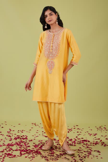 Buy Preeti S Kapoor Yellow Chanderi, Bamboo Pearls, Sequins, Bloom Yoke Kurta With Samosa Pant Online at Aza Fashions Buy_Preeti S Kapoor_Yellow Chanderi, Bamboo Pearls, Sequins, Bloom Yoke Kurta With Samosa Pant _Online_at_Aza_Fashions