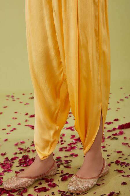 Shop Preeti S Kapoor Yellow Chanderi, Bamboo Pearls, Sequins, Bloom Yoke Kurta With Samosa Pant Online at Aza Fashions Shop_Preeti S Kapoor_Yellow Chanderi, Bamboo Pearls, Sequins, Bloom Yoke Kurta With Samosa Pant _Online_at_Aza_Fashions