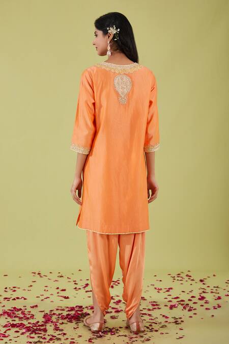 Shop Preeti S Kapoor Peach Chanderi, Bamboo Gota Blossom Yoke Embroidered Kurta With Samosa Pant at Aza Fashions Shop_Preeti S Kapoor_Peach Chanderi, Bamboo Gota Blossom Yoke Embroidered Kurta With Samosa Pant _at_Aza_Fashions