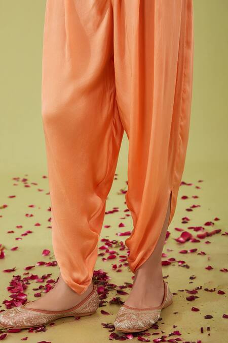 Shop Preeti S Kapoor Peach Chanderi, Bamboo Gota Blossom Yoke Embroidered Kurta With Samosa Pant Online at Aza Fashions Shop_Preeti S Kapoor_Peach Chanderi, Bamboo Gota Blossom Yoke Embroidered Kurta With Samosa Pant _Online_at_Aza_Fashions