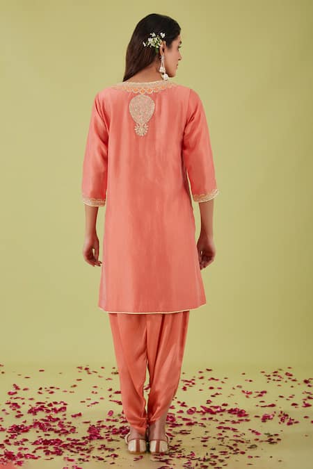 Shop Preeti S Kapoor Pink Chanderi, Bamboo Gota Florence Yoke Embroidered Kurta With Samosa Pant at Aza Fashions Shop_Preeti S Kapoor_Pink Chanderi, Bamboo Gota Florence Yoke Embroidered Kurta With Samosa Pant _at_Aza_Fashions