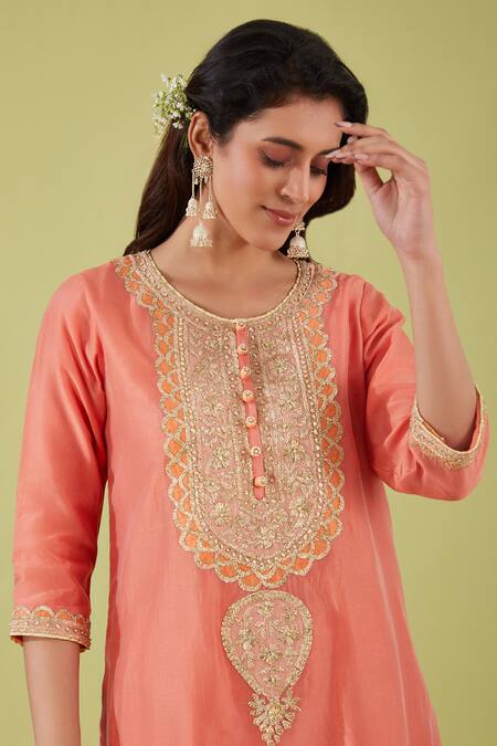 Preeti S Kapoor Pink Chanderi, Bamboo Gota Florence Yoke Embroidered Kurta With Samosa Pant Online at Aza Fashions Preeti S Kapoor_Pink Chanderi, Bamboo Gota Florence Yoke Embroidered Kurta With Samosa Pant _Online_at_Aza_Fashions