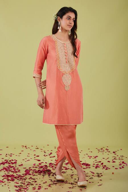 Buy Preeti S Kapoor Pink Chanderi, Bamboo Gota Florence Yoke Embroidered Kurta With Samosa Pant Online at Aza Fashions Buy_Preeti S Kapoor_Pink Chanderi, Bamboo Gota Florence Yoke Embroidered Kurta With Samosa Pant _Online_at_Aza_Fashions
