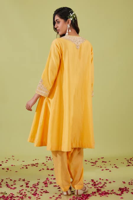 Shop Preeti S Kapoor Yellow Organza, Chanderi Gota Patti, Pearls, Persian Fleur Yoke Anarkali Set at Aza Fashions Shop_Preeti S Kapoor_Yellow Organza, Chanderi Gota Patti, Pearls, Persian Fleur Yoke Anarkali Set _at_Aza_Fashions