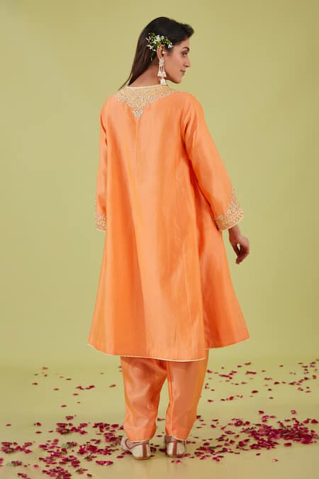 Shop Preeti S Kapoor Peach Organza, Chanderi Gota Zari Nakshi Bloom Yoke Embroidered Anarkali Set at Aza Fashions Shop_Preeti S Kapoor_Peach Organza, Chanderi Gota Zari Nakshi Bloom Yoke Embroidered Anarkali Set _at_Aza_Fashions