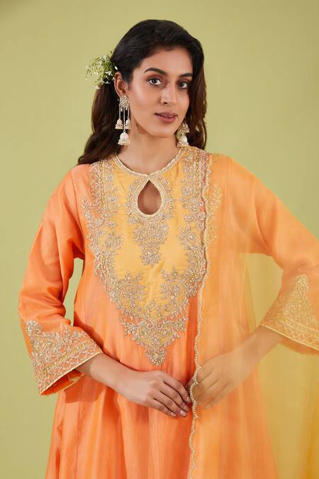 Preeti S Kapoor Peach Organza, Chanderi Gota Zari Nakshi Bloom Yoke Embroidered Anarkali Set Online at Aza Fashions Preeti S Kapoor_Peach Organza, Chanderi Gota Zari Nakshi Bloom Yoke Embroidered Anarkali Set _Online_at_Aza_Fashions