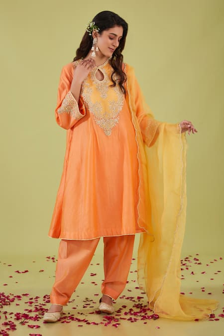 Shop Preeti S Kapoor Peach Organza, Chanderi Gota Zari Nakshi Bloom Yoke Embroidered Anarkali Set Online at Aza Fashions Shop_Preeti S Kapoor_Peach Organza, Chanderi Gota Zari Nakshi Bloom Yoke Embroidered Anarkali Set _Online_at_Aza_Fashions