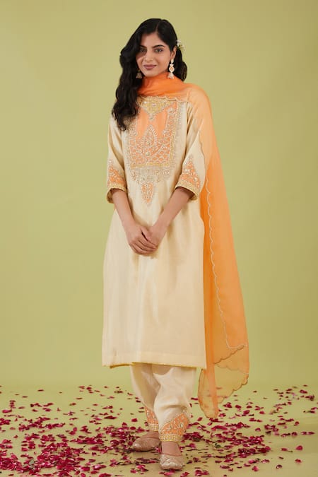Preeti S Kapoor_White Organza, Chanderi Gota Patti, Bahar Nakshi Yoke Embroidered Kurta Set _Online_at_Aza_Fashions