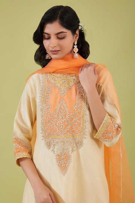 Buy_Preeti S Kapoor_White Organza, Chanderi Gota Patti, Bahar Nakshi Yoke Embroidered Kurta Set _Online_at_Aza_Fashions