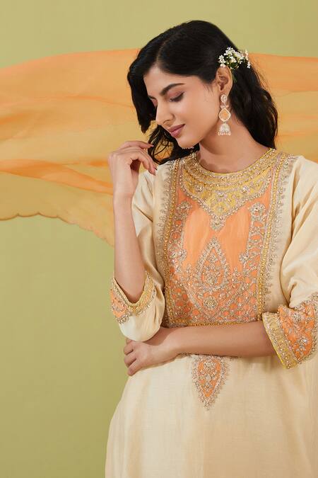 Shop_Preeti S Kapoor_White Organza, Chanderi Gota Patti, Bahar Nakshi Yoke Embroidered Kurta Set _Online_at_Aza_Fashions