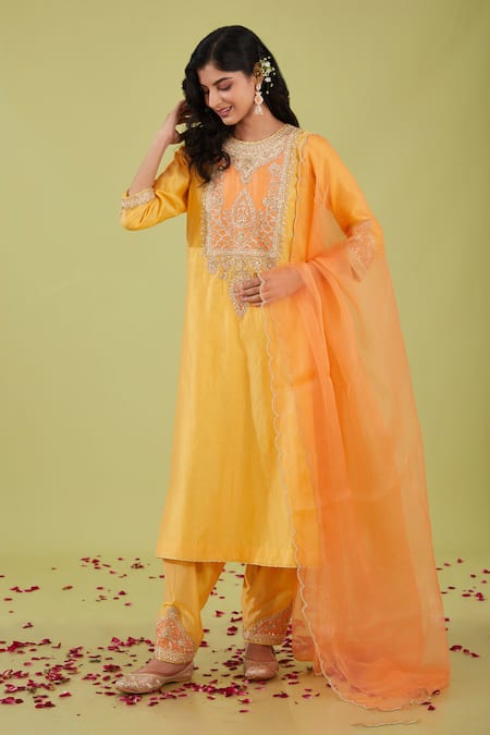 Shop Preeti S Kapoor Yellow Organza, Chanderi Gota Patti, Pearls, Gul Yoke Embroidered Kurta Set at Aza Fashions Shop_Preeti S Kapoor_Yellow Organza, Chanderi Gota Patti, Pearls, Gul Yoke Embroidered Kurta Set _at_Aza_Fashions
