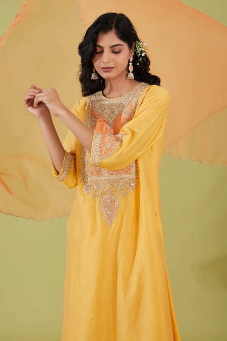 Preeti S Kapoor Yellow Organza, Chanderi Gota Patti, Pearls, Gul Yoke Embroidered Kurta Set Online at Aza Fashions Preeti S Kapoor_Yellow Organza, Chanderi Gota Patti, Pearls, Gul Yoke Embroidered Kurta Set _Online_at_Aza_Fashions
