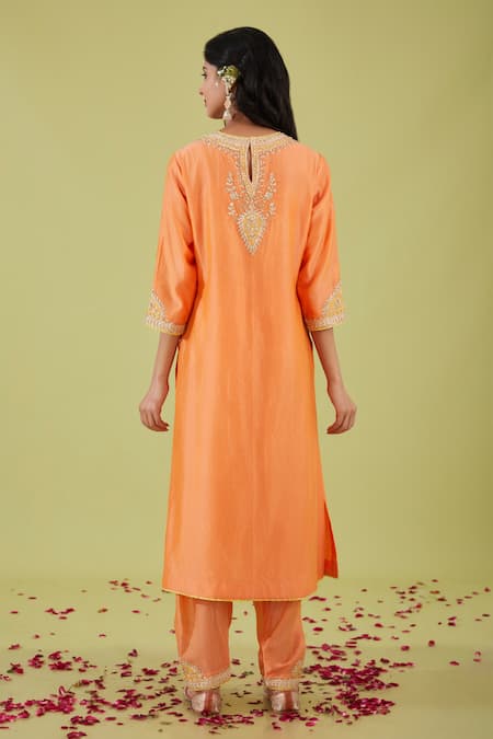 Shop Preeti S Kapoor Peach Organza, Chanderi Gota Patti, Gulbahar Yoke Embroidered Kurta Set at Aza Fashions Shop_Preeti S Kapoor_Peach Organza, Chanderi Gota Patti, Gulbahar Yoke Embroidered Kurta Set _at_Aza_Fashions
