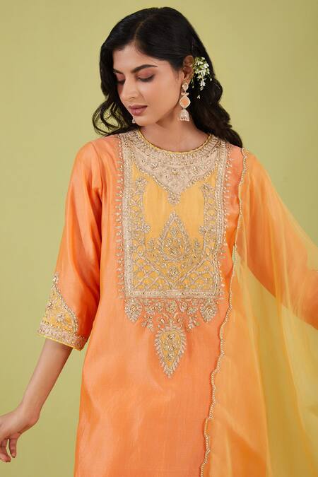 Preeti S Kapoor Peach Organza, Chanderi Gota Patti, Gulbahar Yoke Embroidered Kurta Set Online at Aza Fashions Preeti S Kapoor_Peach Organza, Chanderi Gota Patti, Gulbahar Yoke Embroidered Kurta Set _Online_at_Aza_Fashions