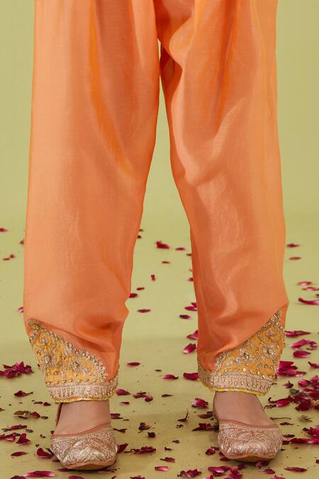 Shop Preeti S Kapoor Peach Organza, Chanderi Gota Patti, Gulbahar Yoke Embroidered Kurta Set Online at Aza Fashions Shop_Preeti S Kapoor_Peach Organza, Chanderi Gota Patti, Gulbahar Yoke Embroidered Kurta Set _Online_at_Aza_Fashions