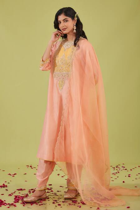 Preeti S Kapoor Pink Organza, Chanderi Gota Patti, Gulbahar Nakshi Yoke Embroidered Kurta Set Online at Aza Fashions Preeti S Kapoor_Pink Organza, Chanderi Gota Patti, Gulbahar Nakshi Yoke Embroidered Kurta Set _Online_at_Aza_Fashions