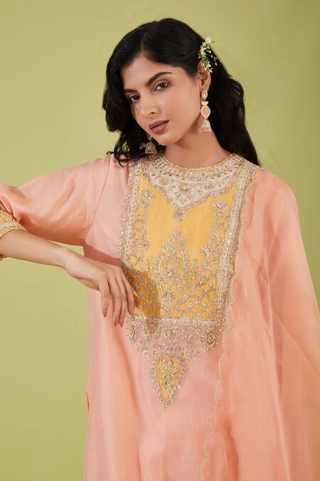 Buy Preeti S Kapoor Pink Organza, Chanderi Gota Patti, Gulbahar Nakshi Yoke Embroidered Kurta Set Online at Aza Fashions Buy_Preeti S Kapoor_Pink Organza, Chanderi Gota Patti, Gulbahar Nakshi Yoke Embroidered Kurta Set _Online_at_Aza_Fashions