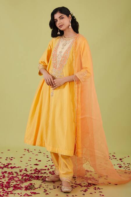 Preeti S Kapoor Yellow Chanderi Embroidery Gota Round Phool Zari Yoke Anarkali Set 