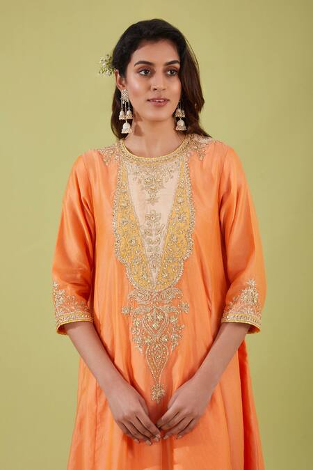 Preeti S Kapoor_Peach Organza, Chanderi Gota Patti, Phool Nakshi Yoke Embroidered Anarkali Set _Online_at_Aza_Fashions