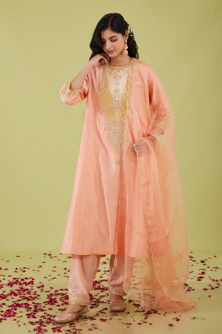 Buy Preeti S Kapoor Pink Organza, Chanderi Embroidery, Pearls, Gota Phool Bahar Yoke Anarkali Set Online at Aza Fashions Buy_Preeti S Kapoor_Pink Organza, Chanderi Embroidery, Pearls, Gota Phool Bahar Yoke Anarkali Set _Online_at_Aza_Fashions