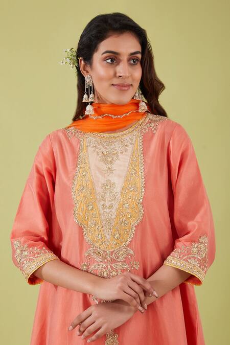 Preeti S Kapoor Pink Organza, Chanderi Gota Patti, Phoolkari Yoke Embroidered Anarkali Set Online at Aza Fashions Preeti S Kapoor_Pink Organza, Chanderi Gota Patti, Phoolkari Yoke Embroidered Anarkali Set _Online_at_Aza_Fashions