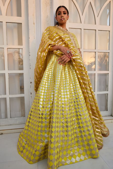 Ranbir Mukherjee Calcutta Yellow Georgette Embroidered Gota V-neck Lehenga Set  