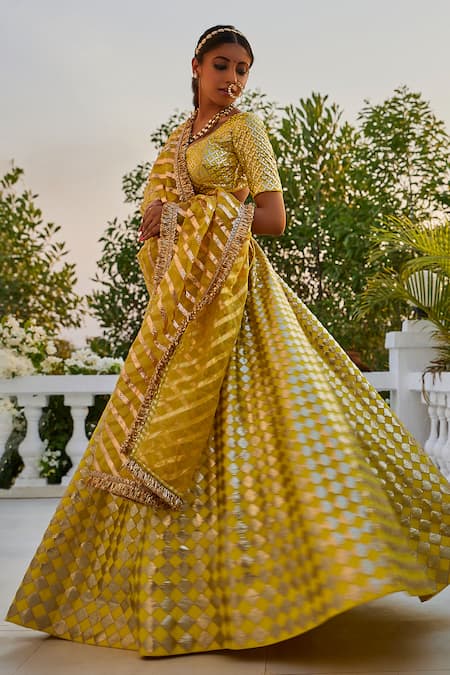 Ranbir Mukherjee Calcutta Yellow Organza, Georgette Gota Patti, Embroidery V-neck Lehenga Set Online at Aza Fashions Ranbir Mukherjee Calcutta_Yellow Organza, Georgette Gota Patti, Embroidery V-neck Lehenga Set _Online_at_Aza_Fashions