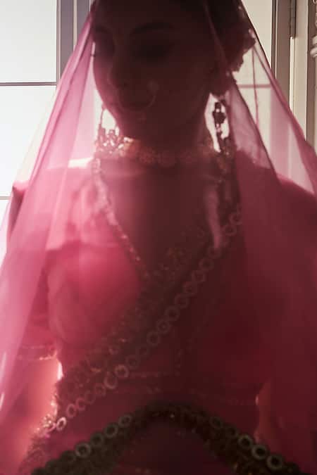 Ranbir Mukherjee Calcutta Pink Organza, Georgette Gota Patti Plunge Checkered Embroidered Lehenga Set Online at Aza Fashions Ranbir Mukherjee Calcutta_Pink Organza, Georgette Gota Patti Plunge Checkered Embroidered Lehenga Set _Online_at_Aza_Fashions