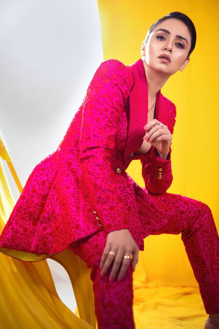 Ranbir Mukherjee Calcutta_Pink Tafeta Silk Embroidered Thread Lapel Floral Asymmetric Blazer Pant Set _at_Aza_Fashions