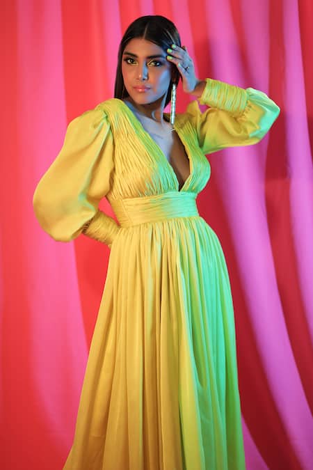 Buy_Ranbir Mukherjee Calcutta_Yellow Satin Georgette Solid Plunge V-neck Pleated Gown _Online_at_Aza_Fashions