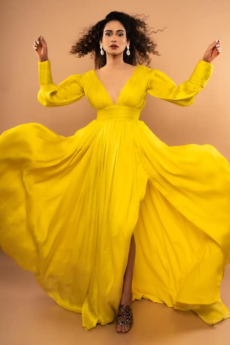 Ranbir Mukherjee Calcutta_Yellow Satin Georgette Solid Plunge V-neck Pleated Gown _Online_at_Aza_Fashions