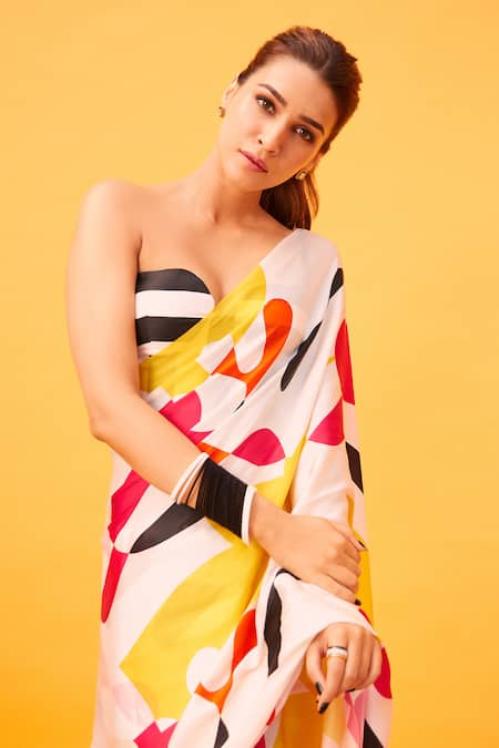 Ranbir Mukherjee Calcutta_Multi Color Satin, Silk Scatter Abstract Print Saree With Corset Blouse _Online_at_Aza_Fashions