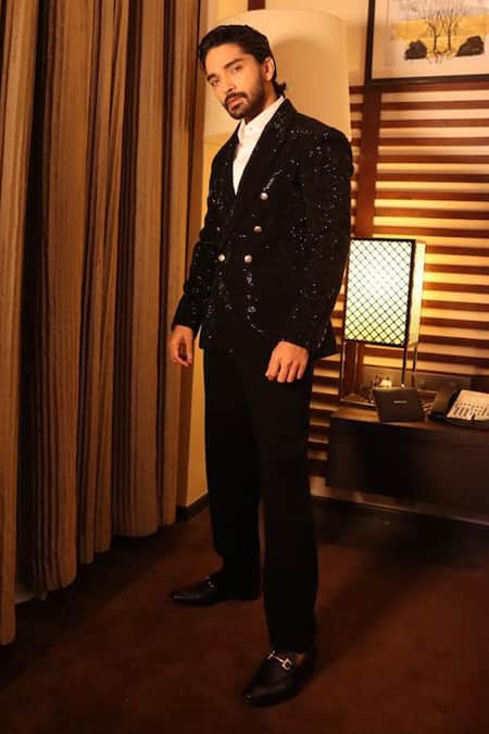 Ranbir Mukherjee Calcutta_Black Crepe Embellished Stone Blazer Pant Set _Online_at_Aza_Fashions