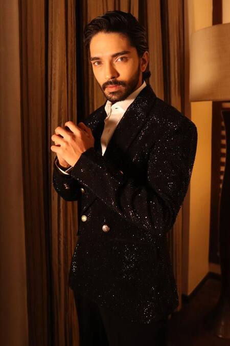 Buy_Ranbir Mukherjee Calcutta_Black Crepe Embellished Stone Blazer Pant Set _Online_at_Aza_Fashions