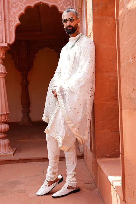Ranbir Mukherjee Calcutta_Ivory Organza, Cotton, Silk Embroidery Floral Jaal Kurta Churidar Set _Online_at_Aza_Fashions