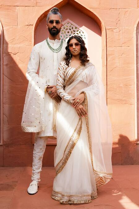 Buy_Ranbir Mukherjee Calcutta_Ivory Organza, Cotton, Silk Embroidery Floral Jaal Kurta Churidar Set _Online_at_Aza_Fashions