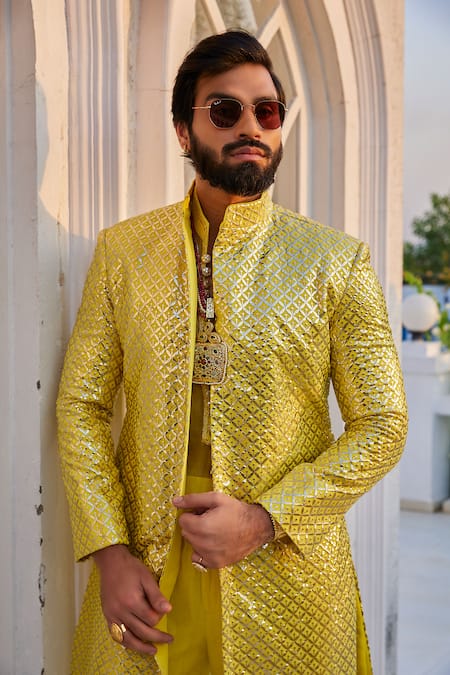 Ranbir Mukherjee Calcutta Yellow Organza, Cotton Gota Patti, Embroidery Floral Jacket Pant Set Online at Aza Fashions Ranbir Mukherjee Calcutta_Yellow Organza, Cotton Gota Patti, Embroidery Floral Jacket Pant Set _Online_at_Aza_Fashions