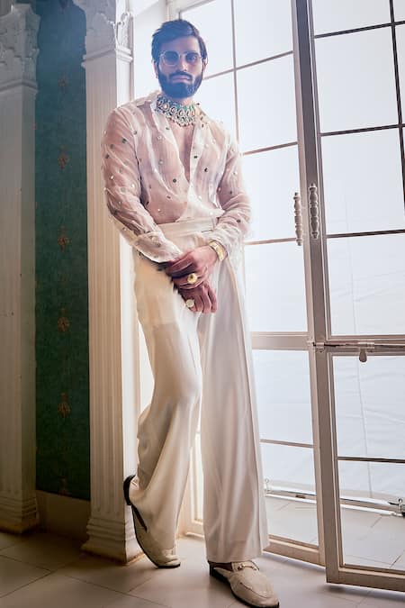 Ranbir Mukherjee Calcutta Ivory Organza Embroidered Butti Shirt With Pant  