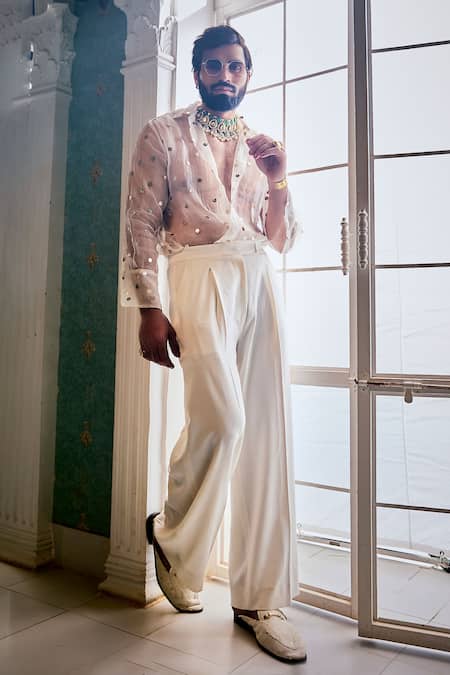 Shop Ranbir Mukherjee Calcutta Ivory Organza Embroidered Butti Shirt With Pant at Aza Fashions Shop_Ranbir Mukherjee Calcutta_Ivory Organza Embroidered Butti Shirt With Pant _at_Aza_Fashions