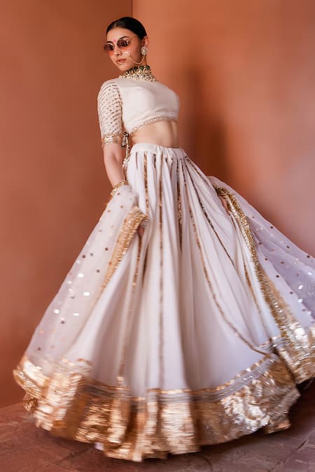 Ranbir Mukherjee Calcutta Ivory Organza Gota Patti Round Neck Embellished Lehenga Set Online at Aza Fashions Ranbir Mukherjee Calcutta_Ivory Organza Gota Patti Round Neck Embellished Lehenga Set _Online_at_Aza_Fashions