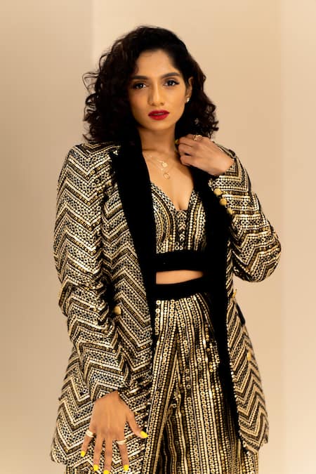 Ranbir Mukherjee Calcutta Black Sequin And Velvet Embroidery Blazer Open Chevron Pant Set Online at Aza Fashions Ranbir Mukherjee Calcutta_Black Sequin And Velvet Embroidery Blazer Open Chevron Pant Set _Online_at_Aza_Fashions