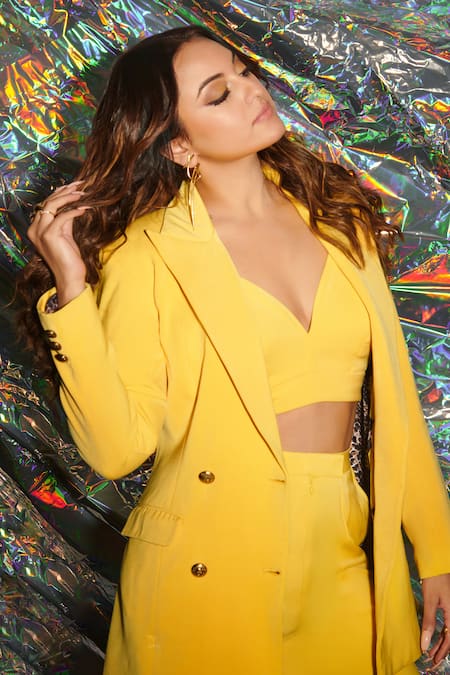 Shop_Ranbir Mukherjee Calcutta_Yellow Voile, Velvet V-neck Double Breasted Blazer Bootcut Pant Set _Online_at_Aza_Fashions