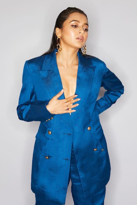 Ranbir Mukherjee Calcutta_Blue Nysa Silk Plain Lapel Collar Double Breasted Blazer With Pant _Online_at_Aza_Fashions