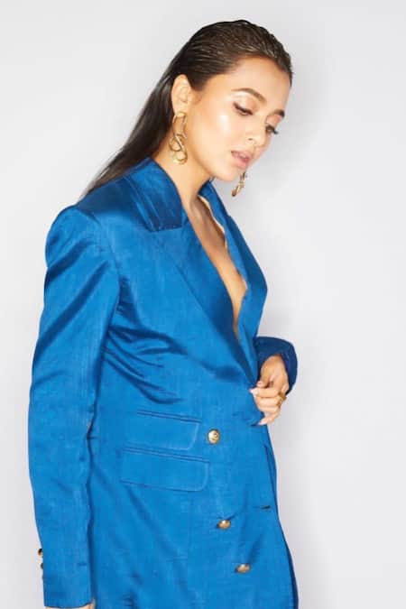 Buy_Ranbir Mukherjee Calcutta_Blue Nysa Silk Plain Lapel Collar Double Breasted Blazer With Pant _Online_at_Aza_Fashions