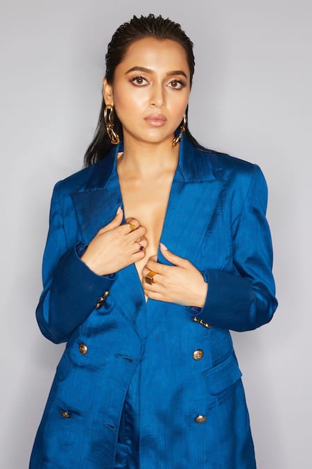 Shop_Ranbir Mukherjee Calcutta_Blue Nysa Silk Plain Lapel Collar Double Breasted Blazer With Pant _Online_at_Aza_Fashions
