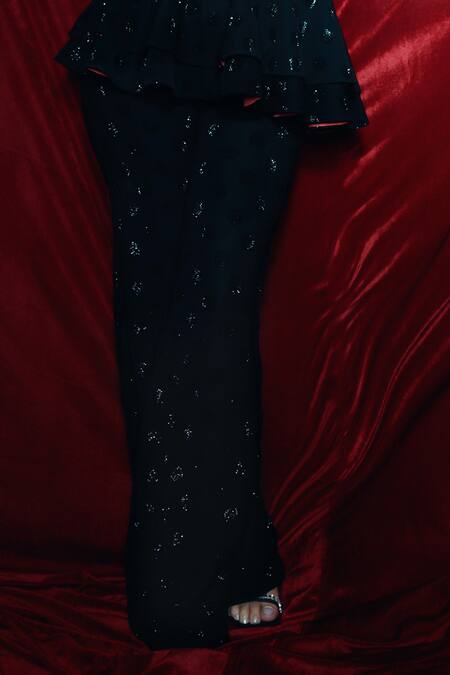 Shop_Ranbir Mukherjee Calcutta_Black Crepe Embellished Polka Dot Sweetheart Neck Peplum Top With Pant _Online_at_Aza_Fashions