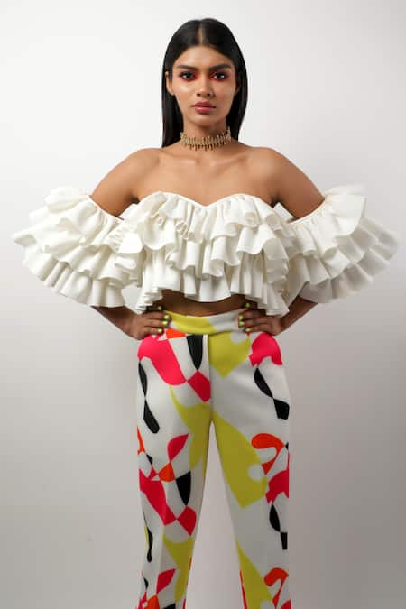 Ranbir Mukherjee Calcutta White Scuba Printed Cluster Sweetheart Neck Ruffle Top And Pant Set 