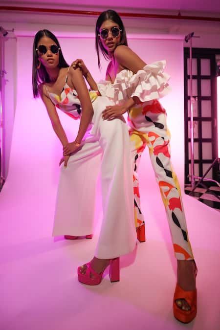 Buy_Ranbir Mukherjee Calcutta_White Scuba Printed Cluster Sweetheart Neck Ruffle Top And Pant Set 