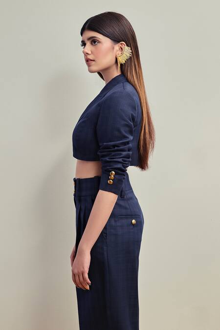 Buy_Ranbir Mukherjee Calcutta_Blue Suede, Wool Checkered Pattern Cropped Blazer And Pant Set_Online_at_Aza_Fashions