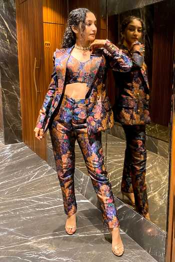 Ranbir Mukherjee Calcutta_Multi Color Brocade Woven Floral Blazer Shawl Collar Pant Set _Online_at_Aza_Fashions
